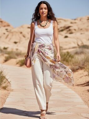 Women’s Floral Sheer Scarf Gold Outlined Dusty Rose and Lavender Boho Chic Scarf